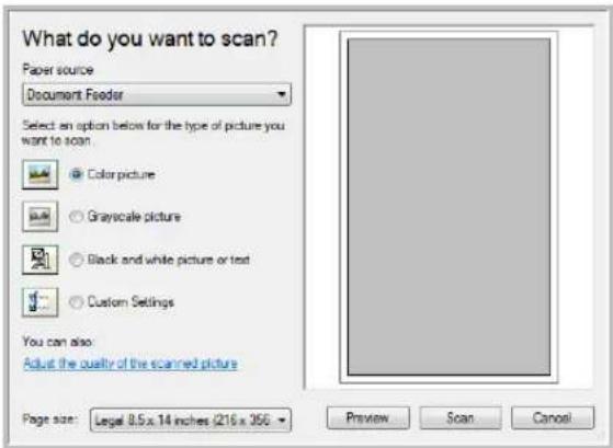 What do you want to scan? Paper source Document Feedor Select an option below for the type of picture you want to scan Color picture Grayscale picture Black and white picture or text Custom Settings You can also Adjust the quality of the scanned picture Page size: Legal 8.5 x 14 inches (216 x 356) Preview Scan Cancel