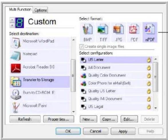 Multi Function Options Custom Select destination: Microsoft WordPad Notepad Acrobat Reader 8.0 Transfer to Storage Burn to CD-ROM E: Microsoft Paint Refresh Properties... New... Copy... Edit... Delete Select format: BMP TIFF JPG PDF nPDF Create single image files Select configuration: US Letter A4 Document Quality Color Document Color Photo for eMail (E-mail) Quality US Letter Quality A4 Document US Legal OK Cancel Apply Help