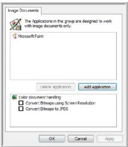 Image Documents The Applications in this group are designed to work with image documents only. Microsoft Paint Delete Application Add Application Color document handling □ Convert Bitmaps using Screen Resolution □ Convert Bitmaps to JPEG OK Cancel Apply
