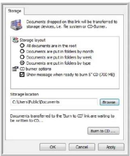 Storage Documents dropped on this link will be transferred to storage devices, i.e. file system or CD-Burner. Storage layout All documents are in the root Documents are put in folders by month Documents are put in folders by week Documents are put in folders by type CD burner options Show message when ready to burn 5" CD (700 MB) Storage location C:\Users\Public\Documents Browse Documents transferred to the "Burn to CD" link are waiting to be written to CD... Burn to CD ... OK Cancel Apply