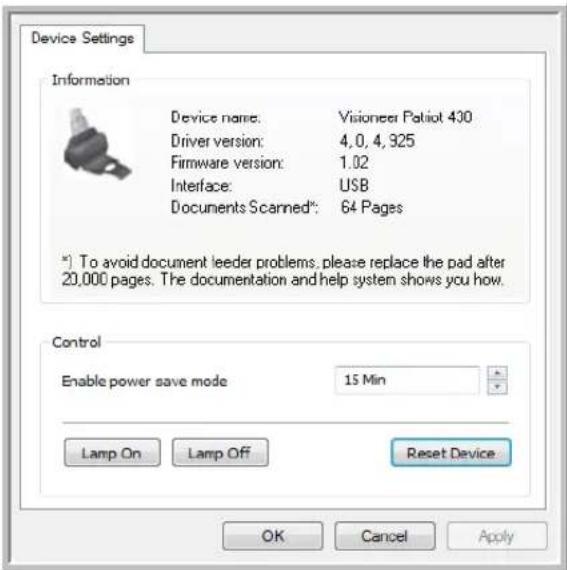 Device Settings Information Device name: Visioner Patriot 430 Driver version: 4, 0, 4, 325 Firmware version: 1.02 Interface: USB Documents Scanned*: 64 Pages *) To avoid document leeder problems, please replace the pad after 20,000 pages. The documentation and help system shows you how. Control Enable power save mode 15 Min Lamp On Lamp Off Reset Device OK Cancel Apply
