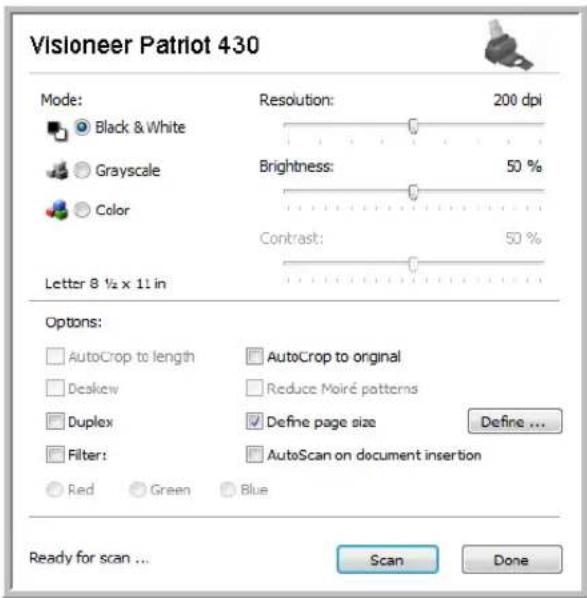 Visloneer Patriot 430 Mode: Black & White Grayscale Color Letter 8 ½ x 11 in Resolution: 200 dpi Brightness: 50 % Contrast: 50 % Options: AutoCrop to length AutoCrop to original Deskew Reduce Moiré patterns Duplex Define page size Filter: AutoScan on document insertion Red Green Blue Ready for scan ... Scan Done