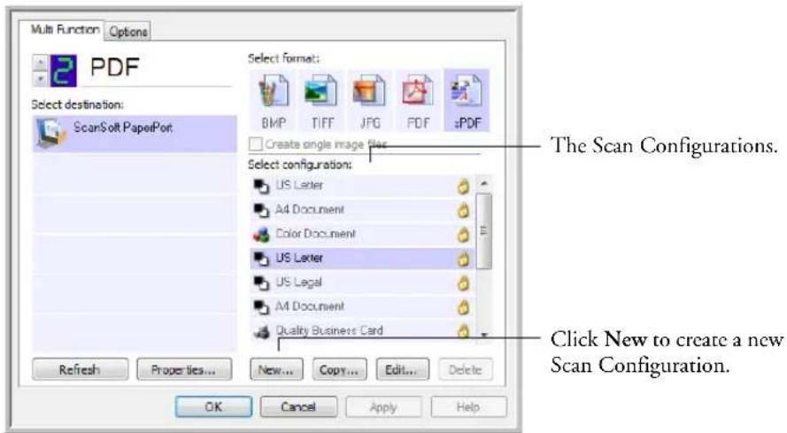 Multi Function Options PDF Select destination: ScanSoft PaperPort Select format: BMP TIFF JPG PDF sPDF Create single image files The Scan Configurations. Select configuration: US Letter A4 Document Color Document US Letter US Legal A4 Document Quality Business Card Click New to create a new Scan Configuration. Refresh Properties... New... Copy... Edit... Delete OK Cancel Apply Help
