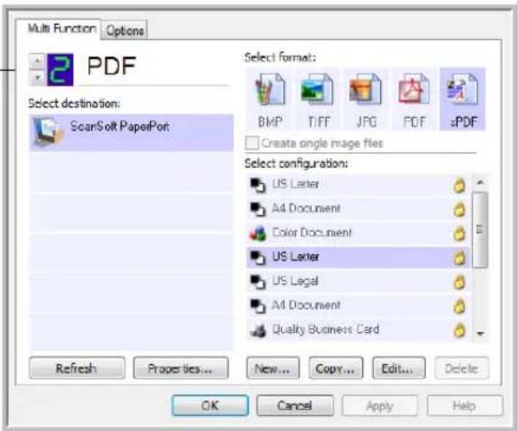 Multi Function Options PDF Select destination: ScanSoft PaperPort Select format: BMP TIFF JPG PDF sPDF Create single image files Select configuration: US Lenter A4 Document Color Document US Lenter US Legal A4 Document Quality Business Card Refresh Properties... New... Copy... Edit... Delete OK Cancel Apply Help