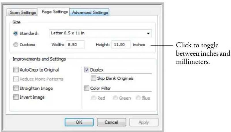 Scan Settings Page Settings Advanced Settings Size Standard: Letter 8.5 x 11 in Custom: Width: 8.50 Height: 11.00 inches Improvements and Settings AutoCrop to Original Reduce More Patterns Straighten Image Invert Image Duplex Skip Blank Originals Color Filter Red Green Blue OK Cancel Apply Click to toggle between inches and millimeters.