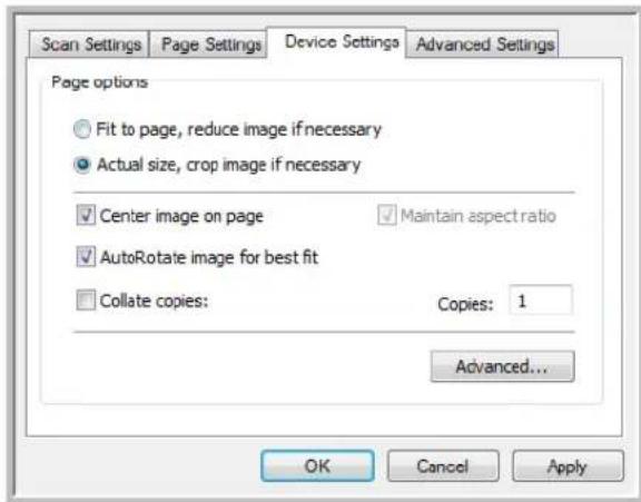 Scan Settings Page Settings Device Settings Advanced Settings Page options Fit to page, reduce image if necessary Actual size, crop image if necessary Center image on page Maintain aspect ratio AutoRotate image for best fit Collate copies: Copies: 1 Advanced... OK Cancel Apply