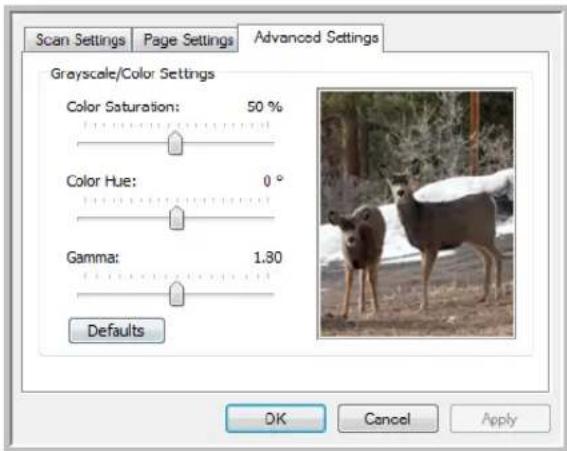 Scan Settings | Page Settings | Advanced Settings | Grayscale/Color Settings Color Saturation: 50 % Color Hue: 0 ° Gamma: 1.30 Defaults OK Cancel Apply