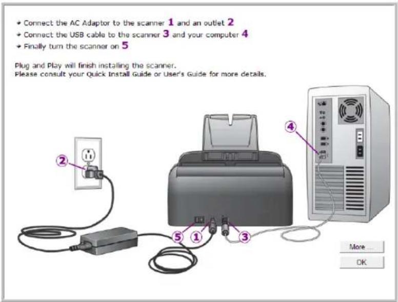 • Connect the AC Adaptor to the scanner 1 and an outlet 2 • Connect the USB cable to the scanner 3 and your computer 4 • Finally turn the scanner on 5 Plug and Play will finish installing the scanner. Please consult your Quick Install Guide or User's Guide for more details. More... OK