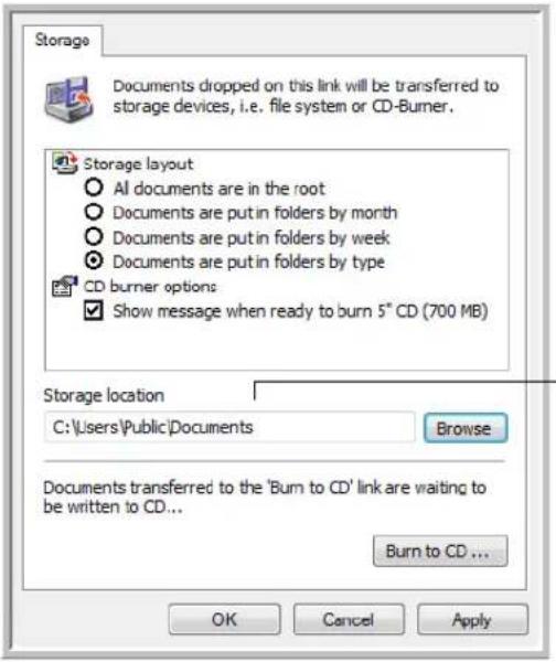 Storage Documents dropped on this link will be transferred to storage devices, i.e. file system or CD-Burner. Storage layout All documents are in the root Documents are put in folders by month Documents are put in folders by week Documents are put in folders by type CD burner options Show message when ready to burn 5" CD (700 MB) Storage location C:\Users\Public\Documents Browse Documents transferred to the 'Burn to CD' link are waiting to be written to CD... Burn to CD ... OK Cancel Apply