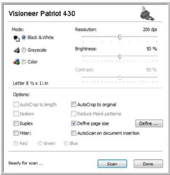Visioneer Patriot 430 Mode: Black & White Grayscale Color Letter 8 ½ x 11 in Resolution: 200 dpi Brightness: 50 % Contrast: 50 % Options: AutoCrop to length Deskew Duplex Filter: Red Green AutoCrop to original Reduce Moiré patterns Define page size Define ... AutoScan on document insertion Ready for scan ... Scan Done