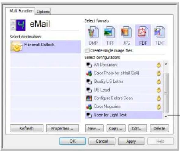 Multi Function Options eMail Select destination: Microsoft Outlook Select format: BMP TIFF JPG PDF TEXT Create single image files Select configuration: A4 Document Color Photo for eMail (Evi4) Quality US Letter US Legal Configure Before Scan Color Magazine Scan for Light Text Refresh Properties... New... Copy... Edit... Delete OK Cancel Apply Help