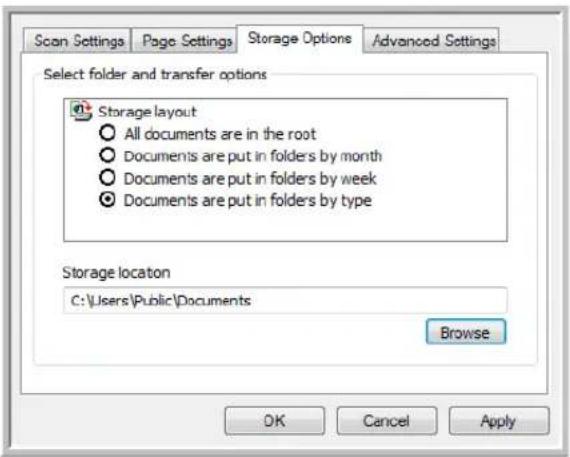 Scan Settings Page Settings Storage Options Advanced Settings Select folder and transfer options Storage layout All documents are in the root Documents are put in folders by month Documents are put in folders by week Documents are put in folders by type Storage location C:\Users\Public\Documents Browse OK Cancel Apply