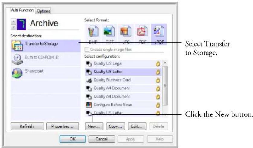Multi Function Options Archive Select destination: Transfer to Storage Burn to CD-ROM E: Sharepoint Refresh Properties... New... Copy... Edit... Delete Select format: BMP FCF JPG PDF PDF Create single image files Select configurations: Quality LIS Legal Quality LIS Letter Quality Business Card Quality A4 Document Quality A4 Document Configure Before Scan Quality LIS Letter Select Transfer to Storage. Click the New button. OK Cancel Apply Help