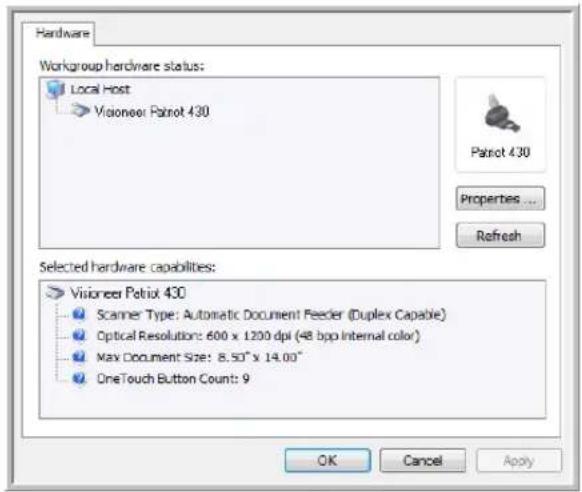 Hardware Workgroup hardware status: Local Host Visioner Patriot 430 Patrot 430 Properties ... Refresh Selected hardware capabilities: Visioner Patriot 430 Scanner Type: Automatic Document Feeder (Duplex Capable) Optical Resolution: 600 x 1200 dpi (48 bpp internal color) Max Document Size: 8.50" x 14.00" OneTouch Button Count: 9 OK Cancel Apply