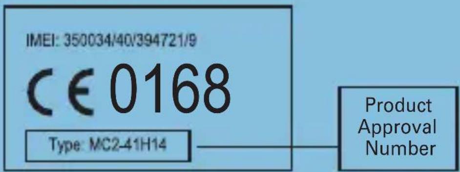 IMEI: 350034/40/394721/9 CE 0168 Type: MC2-41H14 Product Approval Number
