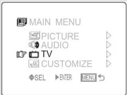 MAIN MENU PICTURE AUDIO TV CUSTOMIZE SEL ▶ ENTER MENU