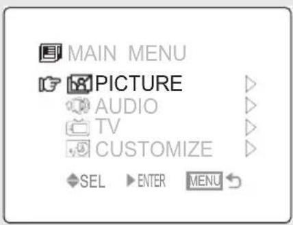 MAIN MENU PICTURE AUDIO TV CUSTOMIZE SEL ▶ ENTER MENU