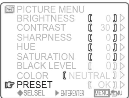 PICTURE MENU BRIGHTNESS [0]D CONTRAST [30]D SHARPNESS [0]D HUE [0]D SATURATION [0]D BLACK LEVEL [0]D COLOR [NEUTRAL]D PRESET [OK]D SELSEL ▶ ENTERENTER MENU MENU