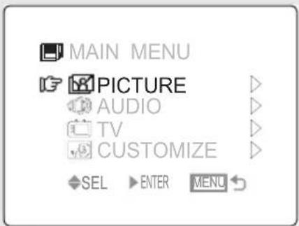 MAIN MENU PICTURE AUDIO TV CUSTOMIZE SEL ENTER MENU