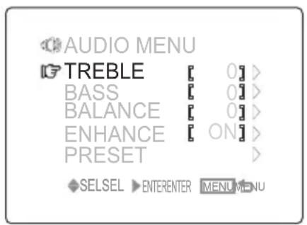 AUDIO MENU TREBLE [0] > BASS [0] > BALANCE [0] > ENHANCE [ON] > PRESET > SELSEL ENTERENTER MENU MENU