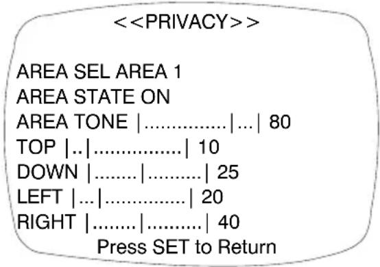 <> AREA SEL AREA 1 AREA STATE ON AREA TONE |......|...| 80 TOP |..|......| 10 DOWN |......|......| 25 LEFT |...|......| 20 RIGHT |......|......| 40 Press SET to Return