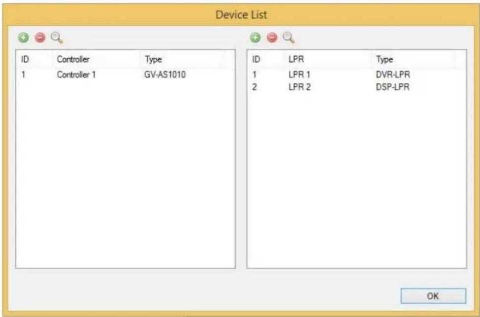 Device List ID Controller Type 1 Controller 1 GV-AS1010 ID LPR Way 1 LPR 1 DVR-LPR 2 LPR 2 DSP-LPR OK