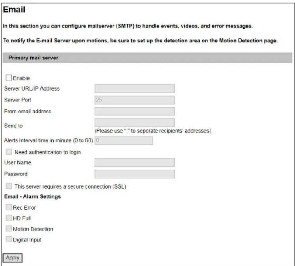 Email In this section you can configure mailserver (SMTP) to handle events, videos, and error messages. To notify the E-mail Server upon motions, be sure to set up the detection area on the Motion Detection page. Primary mail server Enable Server URL/IP Address Server Port 25 From email address Send to (Please use "," to separate recipients' addresses) Alerts Interval time in minute (0 to 60) 0 Need authentication to login User Name Password This server requires a secure connection (SSL) Email - Alarm Settings Rec Error HD Full Motion Detection Digital Input Apply