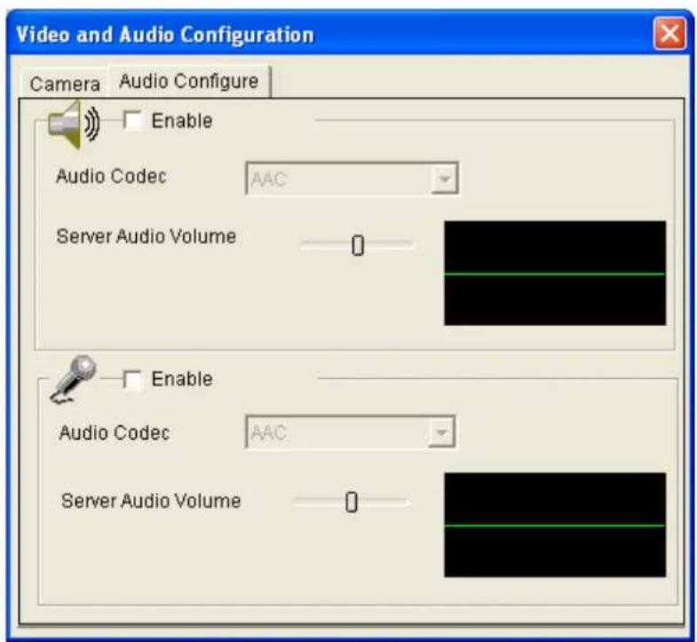 Video and Audio Configuration Camera Audio Configure Enable Audio Codec AAC Server Audio Volume 0 Enable Audio Codec AAC Server Audio Volume 0