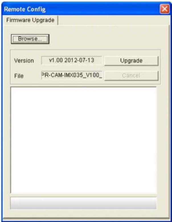 Remote Config Firmware Upgrade Browse... Version v1.00 2012-07-13 Upgrade File PR-CAM-IMX035_V100 Cancel
