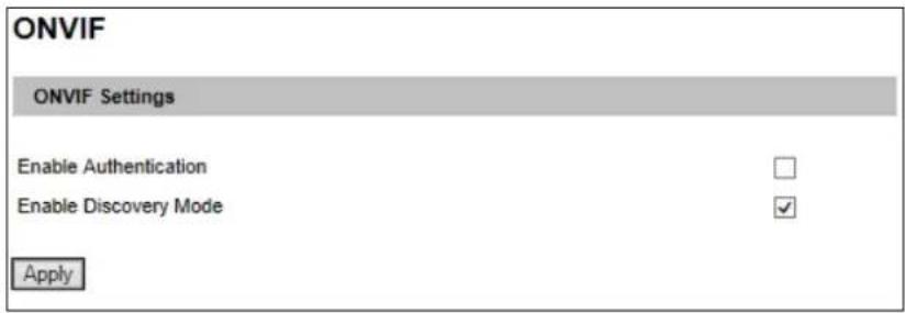 ONVIF ONVIF Settings Enable Authentication Enable Discovery Mode Apply