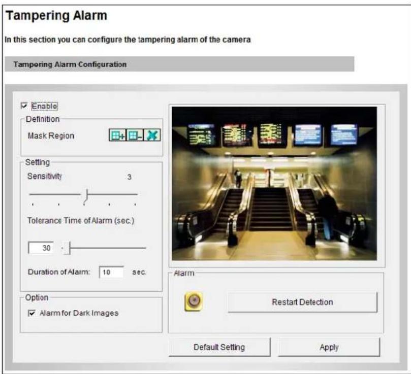 Tampering Alarm In this section you can configure the tampering alarm of the camera Tampering Alarm Configuration Enable Definition Mask Region Setting Sensitivity 3 Tolerance Time of Alarm (sec.) 30 Duration of Alarm: 10 sec. Option ✓ Alarm for Dark Images Alarm Restart Detection Default Setting Apply