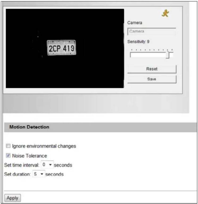 2CP 419 Camera Camera Sensitivity: 9 Reset Save Motion Detection Ignore environmental changes Noise Tolerance Set time interval: 0 seconds Set duration: 5 seconds Apply