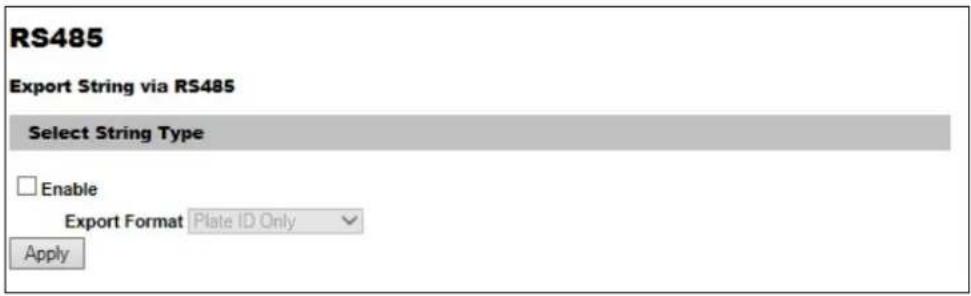RS485 Export String via RS485 Select String Type Enable Export Format Plate ID Only Apply