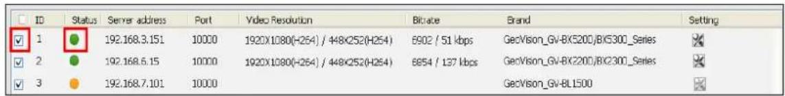 ID Status Server address Port Video Resolution Bitrate Brand Setting ✓ 1 ● 192.168.3.151 10000 1920X1080(H264) / 448X252(H264) 6902 / 51 kbps GecVision_GV-BX5200/BX5300_Series ✓ 2 ● 192.168.5.15 10000 1920X1080(H264) / 448X252(H264) 6854 / 137 kbps GecVision_GV-BX2200/BX2300_Series ✓ 3 ● 192.168.7.101 10000 GecVision_GV-BL1500
