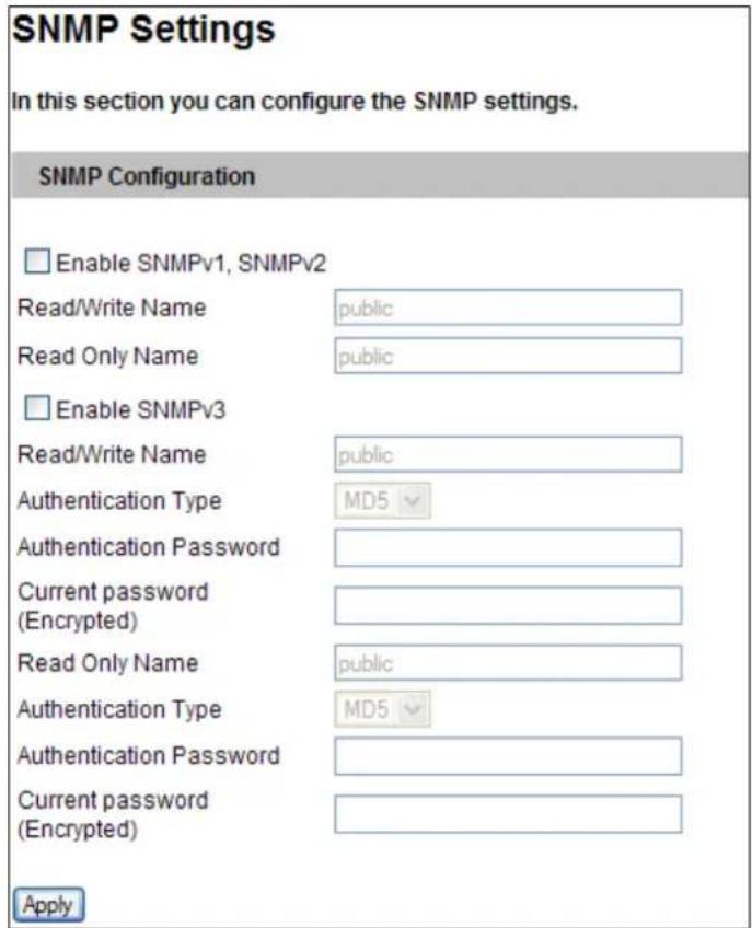 SNMP Settings In this section you can configure the SNMP settings. SNMP Configuration Enable SNMPv1, SNMPv2 Read/Write Name public Read Only Name public Enable SNMPv3 Read/Write Name public Authentication Type MD5 Authentication Password Current password (Encrypted) Read Only Name public Authentication Type MD5 Authentication Password Current password (Encrypted) Apply