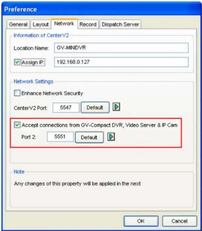 Preference General Layout Network Record Dispatch Server Information of CenterV2 Location Name: GV-MINIDVR ✓ Assign IP: 192.168.0.127 Network Settings ✓ Enhance Network Security CenterV2 Port: 5547 Default ✓ Accept connections from GV-Compact DVR, Video Server & IP Cam Port 2: 5551 Default Note Any changes of this property will be applied in the next OK Cancel
