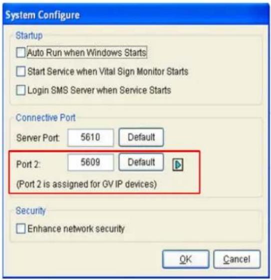System Configure Startup Auto Run when Windows Starts Start Service when Vital Sign Monitor Starts Login SMS Server when Service Starts Connective Port Server Port: 5610 Default Port 2: 5609 Default (Port 2 is assigned for GV IP devices) Security Enhance network security OK Cancel