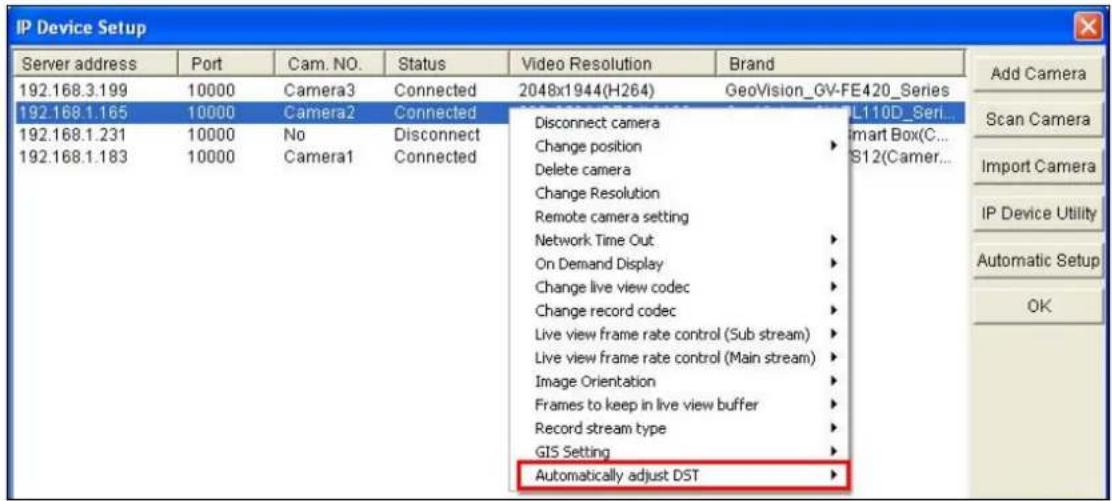 IP Device Setup Server address Port Cam. NO. Status Video Resolution Brand 192.168.3.199 10000 Camera3 Connected 2048x1944(H264) GeoVision_GV-FE420_Series 192.168.1.165 10000 Camera2 Connected 192.168.1.231 10000 No Disconnect 192.168.1.183 10000 Camera1 Connected Disconnect camera Change position Delete camera Change Resolution Remote camera setting Network Time Out On Demand Display Change live view codec Change record codec Live view frame rate control (Sub stream) Live view frame rate control (Main stream) Image Orientation Frames to keep in live view buffer Record stream type GIS Setting Automatically adjust DST Add Camera Scan Camera Import Camera IP Device Utility Automatic Setup OK