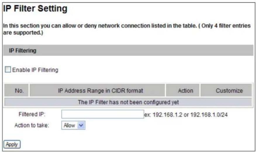 IP Filter Setting In this section you can allow or deny network connection listed in the table. ( Only 4 filter entries are supported.) IP Filtering Enable IP Filtering No. IP Address Range in CIDR format Action Customize The IP Filter has not been configured yet Filtered IP: rex: 192.168.1.2 or 192.168.1.0/24 Action to take: Allow Apply