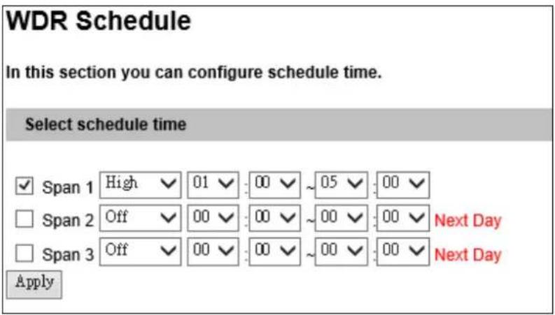 WDR Schedule In this section you can configure schedule time. Select schedule time ✓ Span 1 High ✓ 01 ✓ 00 ✓ ~ 05 ✓ 00 ✓ □ Span 2 Off ✓ 00 ✓ 00 ✓ ~ 00 ✓ 00 ✓ Next Day □ Span 3 Off ✓ 00 ✓ 00 ✓ ~ 00 ✓ 00 ✓ Next Day Apply