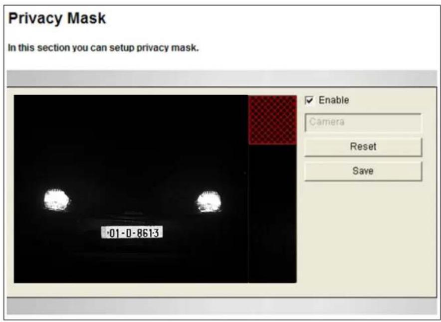 Privacy Mask In this section you can setup privacy mask. ■ Enable Camera Reset Save 01-0-8613