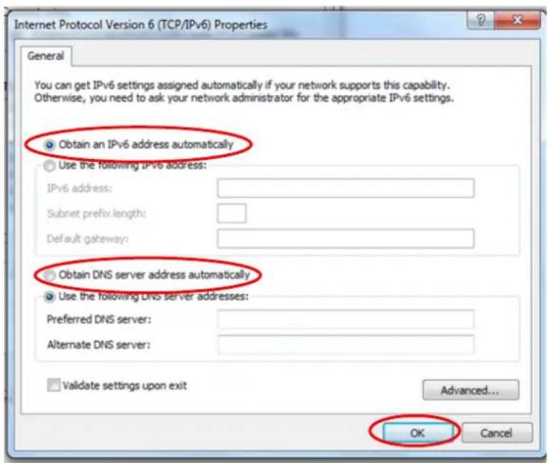 Internet Protocol Version 6 (TCP/IPv6) Properties General You can get IPv6 settings assigned automatically if your network supports this capability. Otherwise, you need to ask your network administrator for the appropriate IPv6 settings. Obtain an IPv6 address automatically Use the following IPv6 address: IPv6 address: Subnet prefix length: Default gateway: Obtain DNS server address automatically Use the following DNS server addresses: Preferred DNS server: Alternate DNS server: Validate settings upon exit Advanced... OK Cancel