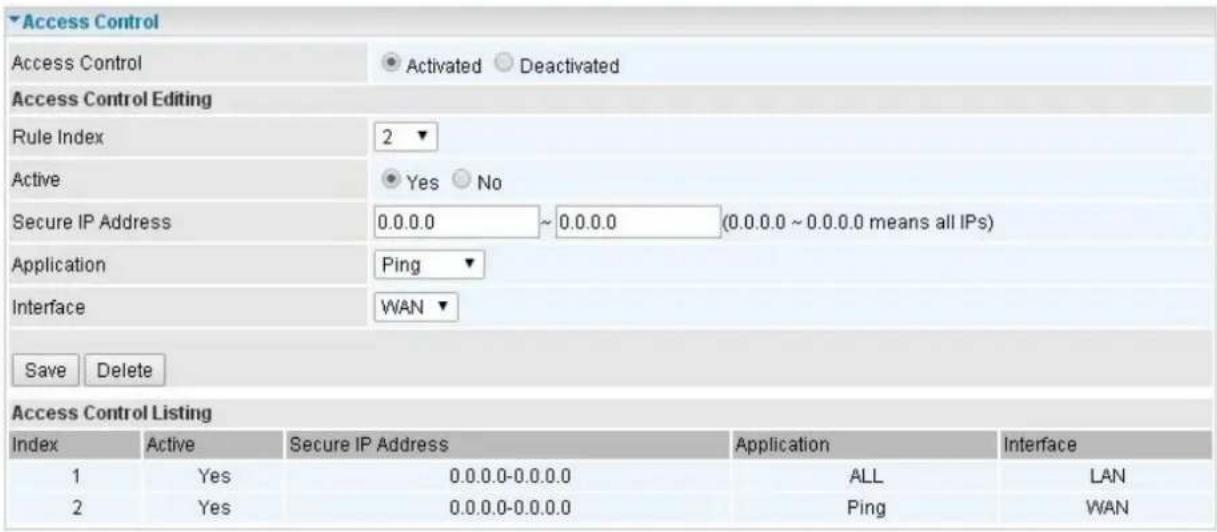 Access Control Access Control Activated Deactivated Access Control Editing Rule Index 2 ▼ Active Yes No Secure IP Address 0.0.0.0 ~ 0.0.0.0 (0.0.0.0 ~ 0.0.0.0 means all IPs) Application Ping ▼ Interface WAN ▼ Save Delete Access Control Listing Index Active Secure IP Address Application Interface 1 Yes 0.0.0.0-0.0.0.0 ALL LAN 2 Yes 0.0.0.0-0.0.0.0 Ping WAN