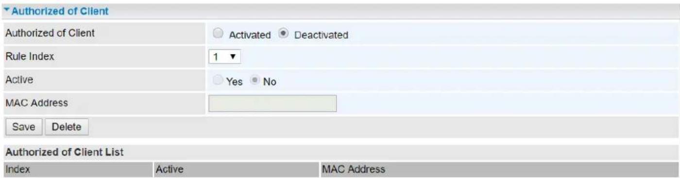 Authorized of Client Authorized of Client ○ Activated ● Deactivated Rule Index 1 ▼ Active ○ Yes ● No MAC Address Save Delete Authorized of Client List Index Active MAC Address
