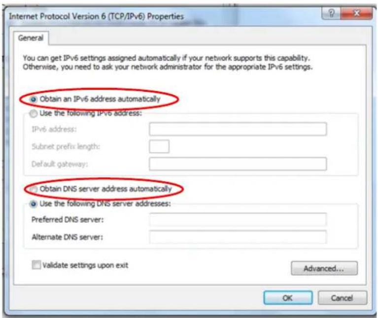 Internet Protocol Version 6 (TCP/IPv6) Properties General You can get IPv6 settings assigned automatically if your network supports this capability. Otherwise, you need to ask your network administrator for the appropriate IPv6 settings. Obtain an IPv6 address automatically Use the following IPv6 address: IPv6 address: Subnet prefix length: Default gateway: Obtain DNS server address automatically Use the following DNS server addresses: Preferred DNS server: Alternate DNS server: Validate settings upon exit Advanced... OK Cancel