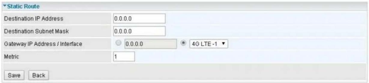 Static Route Destination IP Address 0.0.0.0 Destination Subnet Mask 0.0.0.0 Gateway IP Address / Interface 0.0.0.0 4G LTE -1 ▼ Metric 1 Save Back