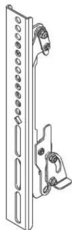 Technical line drawing of a mechanical bracket with mounting holes and a hanging clamp (no text or symbols)