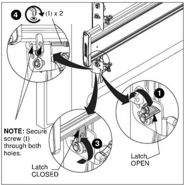 NOTE: Secure screw (I) through both holes. Latch CLOSED Latch OPEN
