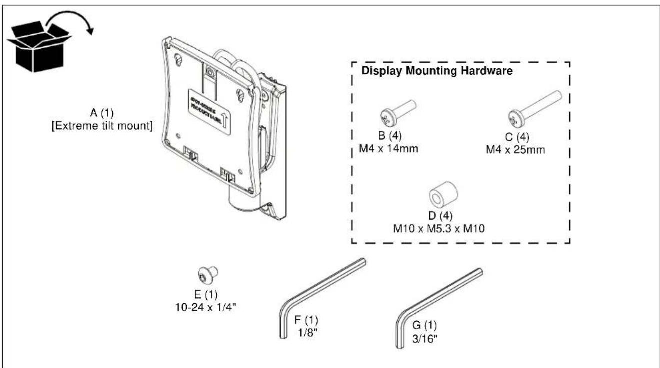 A (1) [Extreme tilt mount] Display Mounting Hardware B (4) M4 x 14mm C (4) M4 x 25mm D (4) M10 x M5.3 x M10 E (1) 10-24 x 1/4" F (1) 1/8" G (1) 3/16"