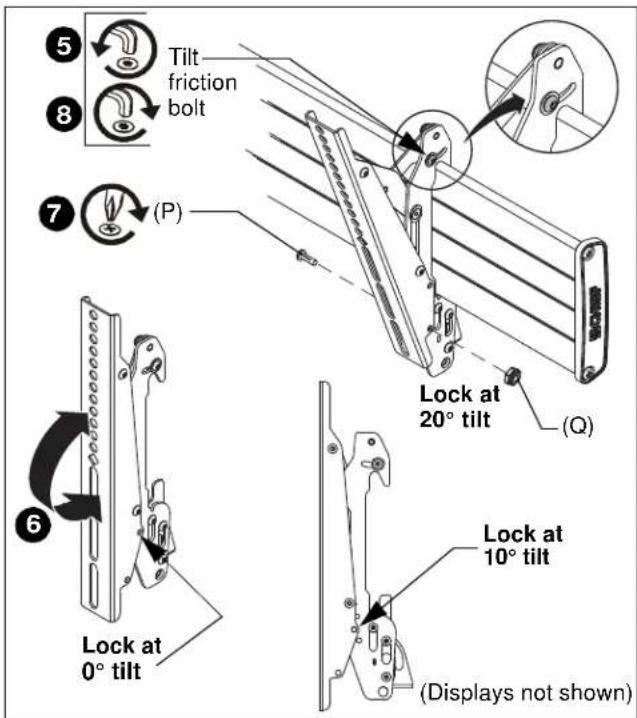 5 8 Tilt friction bolt 7 (P) Lock at 20° tilt (Q) 6 Lock at 0° tilt Lock at 10° tilt (Displays not shown)